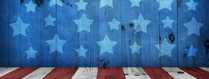 Red and white wood panel floors and a blue wall with stars on it resembling the american flag