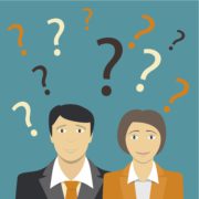 Graphic design of two people with question marks above their heads