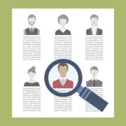 Graphic design of candidate resumes on one page with a magnifying glass hovering over one of the profiles