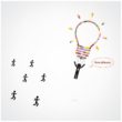 Graphic design of people running while a person is floating using a colored lightbulb
