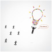 Graphic design of people running while a person is floating using a colored lightbulb