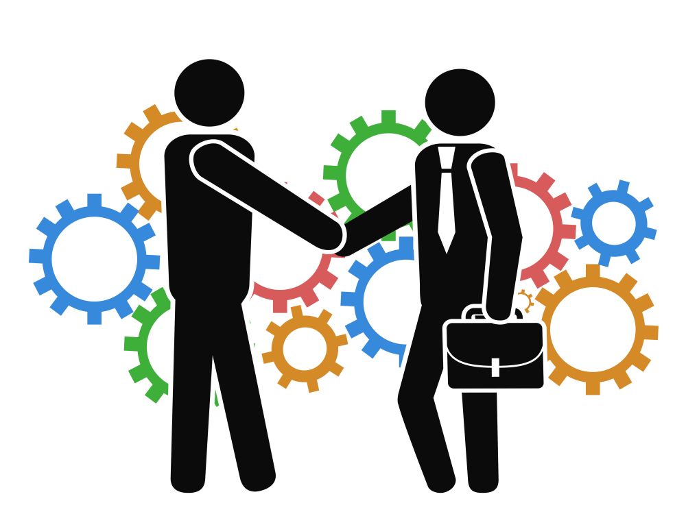 Businessman shake hand with multicolored mechanism gears on a white background