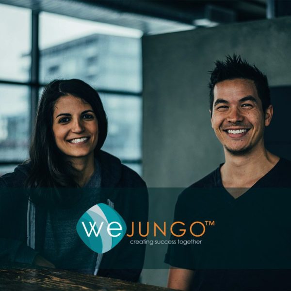 Two people smiling with Wejungo logo labeled