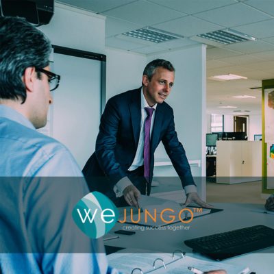 Person conducting a meeting with Wejungo logo labeled